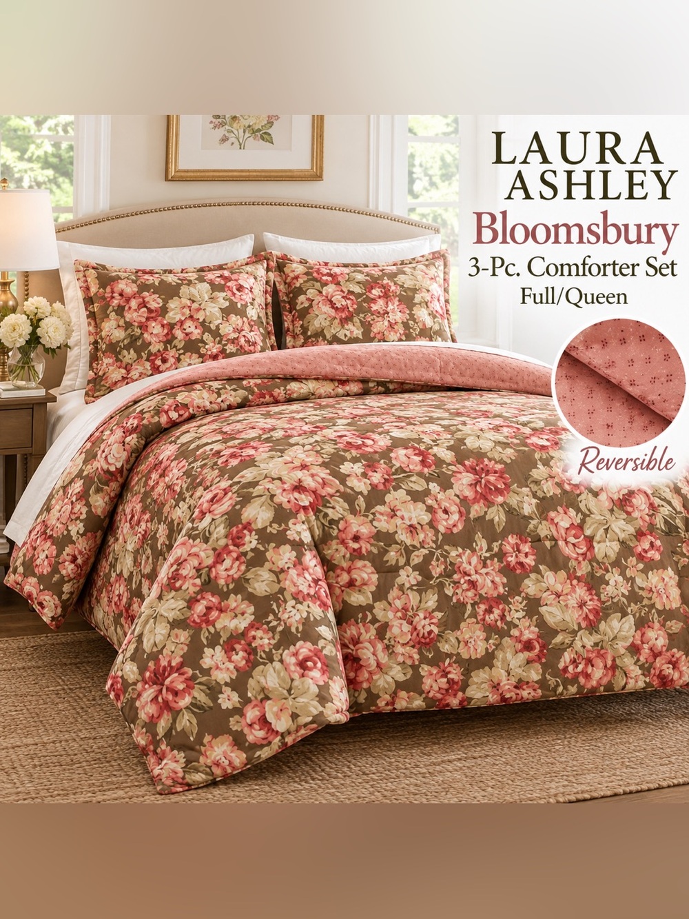 Laura Ashley Bloomsbury Floral Reversible Comforter Set Full Queen 3pc NIB